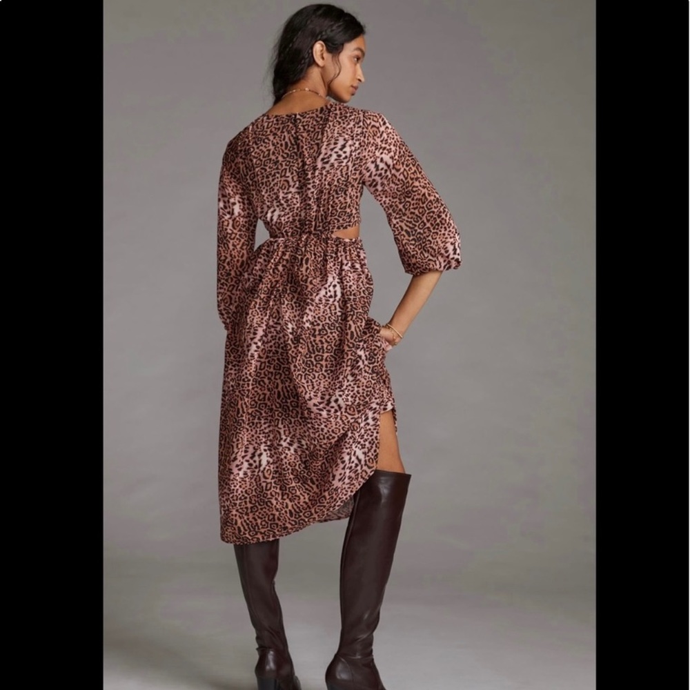 Anthropologie Cut Out Midi Dress in Brown Motif Brown animal print size XL NWT - Picture 3 of 17